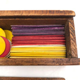 Lovely Lot of Old (Mostly Dyed) Bone Gaming Chips in Handmade Slide Top Box