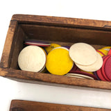 Lovely Lot of Old (Mostly Dyed) Bone Gaming Chips in Handmade Slide Top Box