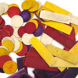 Lovely Lot of Old (Mostly Dyed) Bone Gaming Chips in Handmade Slide Top Box