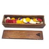 Lovely Lot of Old (Mostly Dyed) Bone Gaming Chips in Handmade Slide Top Box