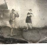 Sailboats, Mountains, Two Figures On Shore, Large Unframed Early Sandpaper Drawing