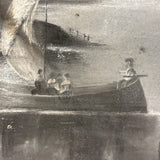 Sailboats, Mountains, Two Figures On Shore, Large Unframed Early Sandpaper Drawing