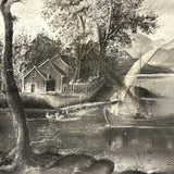 Sailboats, Mountains, Two Figures On Shore, Large Unframed Early Sandpaper Drawing