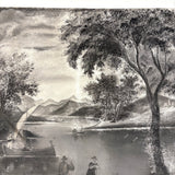 Sailboats, Mountains, Two Figures On Shore, Large Unframed Early Sandpaper Drawing
