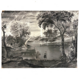 Sailboats, Mountains, Two Figures On Shore, Large Unframed Early Sandpaper Drawing