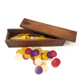 Lovely Lot of Old (Mostly Dyed) Bone Gaming Chips in Handmade Slide Top Box