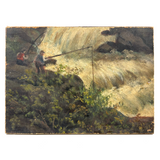 Two Fisherman at Waterfall, Earlier 19th Century Small Mounted Oil on Linen Painting  (Presumed Fragment)