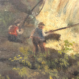 Two Fisherman at Waterfall, Earlier 19th Century Small Mounted Oil on Linen Painting  (Presumed Fragment)