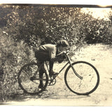 Pushing Forward, Boy in Cap on Bike, Antique Snapshot Photo