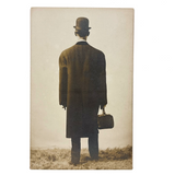 Man in Bowler and Oversized Coat, View From Behind, Elusive (Pre-Magritte) Antique RPPC