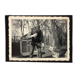 The Power of the Hand: Man and German Shepherd in Backyard, c. 1940s Mounted Snapshot Photo