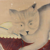 Three Cats with Blue String, c. 1870s Theorem Watercolor in Period Frame