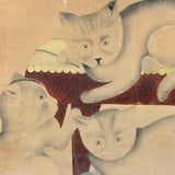 Three Cats with Blue String, c. 1870s Theorem Watercolor in Period Frame