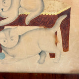 Three Cats with Blue String, c. 1870s Theorem Watercolor in Period Frame