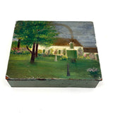 Sweet c. 1930s-40s Hand-painted Folk Art Wooden Box with White House, Many Flowers, and Smoking Chimney