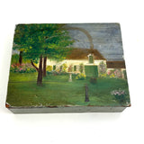 Sweet c. 1930s-40s Hand-painted Folk Art Wooden Box with White House, Many Flowers, and Smoking Chimney