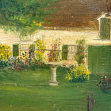 Sweet c. 1930s-40s Hand-painted Folk Art Wooden Box with White House, Many Flowers, and Smoking Chimney