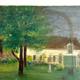 Sweet c. 1930s-40s Hand-painted Folk Art Wooden Box with White House, Many Flowers, and Smoking Chimney