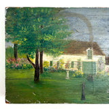 Sweet c. 1930s-40s Hand-painted Folk Art Wooden Box with White House, Many Flowers, and Smoking Chimney