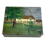 Sweet c. 1930s-40s Hand-painted Folk Art Wooden Box with White House, Many Flowers, and Smoking Chimney