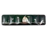 Nice Binney & Smith Watercolor Set in Green Tin with Silver Sailboat, 1950s
