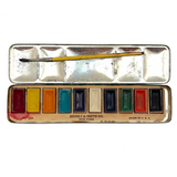 Nice Binney & Smith Watercolor Set in Green Tin with Silver Sailboat, 1950s