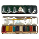 Nice Binney & Smith Watercolor Set in Green Tin with Silver Sailboat, 1950s