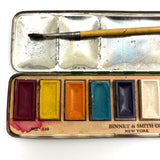 Nice Binney & Smith Watercolor Set in Green Tin with Silver Sailboat, 1950s