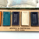 Nice Binney & Smith Watercolor Set in Green Tin with Silver Sailboat, 1950s