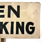 Men Working, c. 1940s Hand-painted Hardboard Sign on Wooden Post