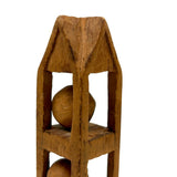 Nicely Architectural Old Carved Pine Double Ball in Cage Whimsy with Gabled "Roof"