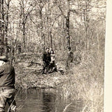 Wading Hunter with Rifle and Family of Onlookers, Curious c. 1930s Velox Snapshot