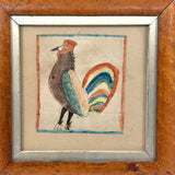 Marvelous Early 19th Century Folk Art Rooster, Ink and Watercolor, in Period Birds Eye Maple Frame