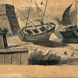 Ships at Shore, Allegorical Feeling Late 19th C. Ink / Ink Wash Drawing on Brown Paper in Old Frame