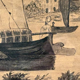 Ships at Shore, Allegorical Feeling Late 19th C. Ink / Ink Wash Drawing on Brown Paper in Old Frame