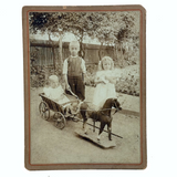 Toe Headed Children with Toy Horse Drawn Wagon, Antique Mounted Photo
