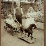 Toe Headed Children with Toy Horse Drawn Wagon, Antique Mounted Photo