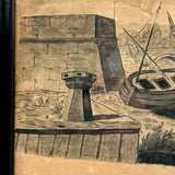Ships at Shore, Allegorical Feeling Late 19th C. Ink / Ink Wash Drawing on Brown Paper in Old Frame