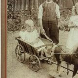 Toe Headed Children with Toy Horse Drawn Wagon, Antique Mounted Photo