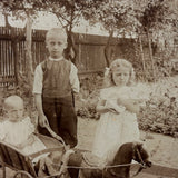 Toe Headed Children with Toy Horse Drawn Wagon, Antique Mounted Photo