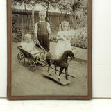 Toe Headed Children with Toy Horse Drawn Wagon, Antique Mounted Photo