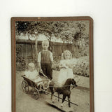 Toe Headed Children with Toy Horse Drawn Wagon, Antique Mounted Photo