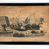 Ships at Shore, Allegorical Feeling Late 19th C. Ink / Ink Wash Drawing on Brown Paper in Old Frame