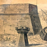 Ships at Shore, Allegorical Feeling Late 19th C. Ink / Ink Wash Drawing on Brown Paper in Old Frame