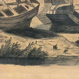 Ships at Shore, Allegorical Feeling Late 19th C. Ink / Ink Wash Drawing on Brown Paper in Old Frame