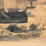 Ships at Shore, Allegorical Feeling Late 19th C. Ink / Ink Wash Drawing on Brown Paper in Old Frame