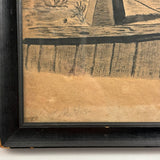 Ships at Shore, Allegorical Feeling Late 19th C. Ink / Ink Wash Drawing on Brown Paper in Old Frame