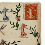 Semeuse with Flowers, Vines and Dragonfly, Amazing 1915 French Stamp Collage Post Card