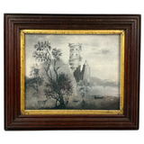 SOLD Charming 19th Century Sandpaper Drawing with Man, Cow and Fantasy Castle, Period Frame