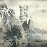 SOLD Charming 19th Century Sandpaper Drawing with Man, Cow and Fantasy Castle, Period Frame